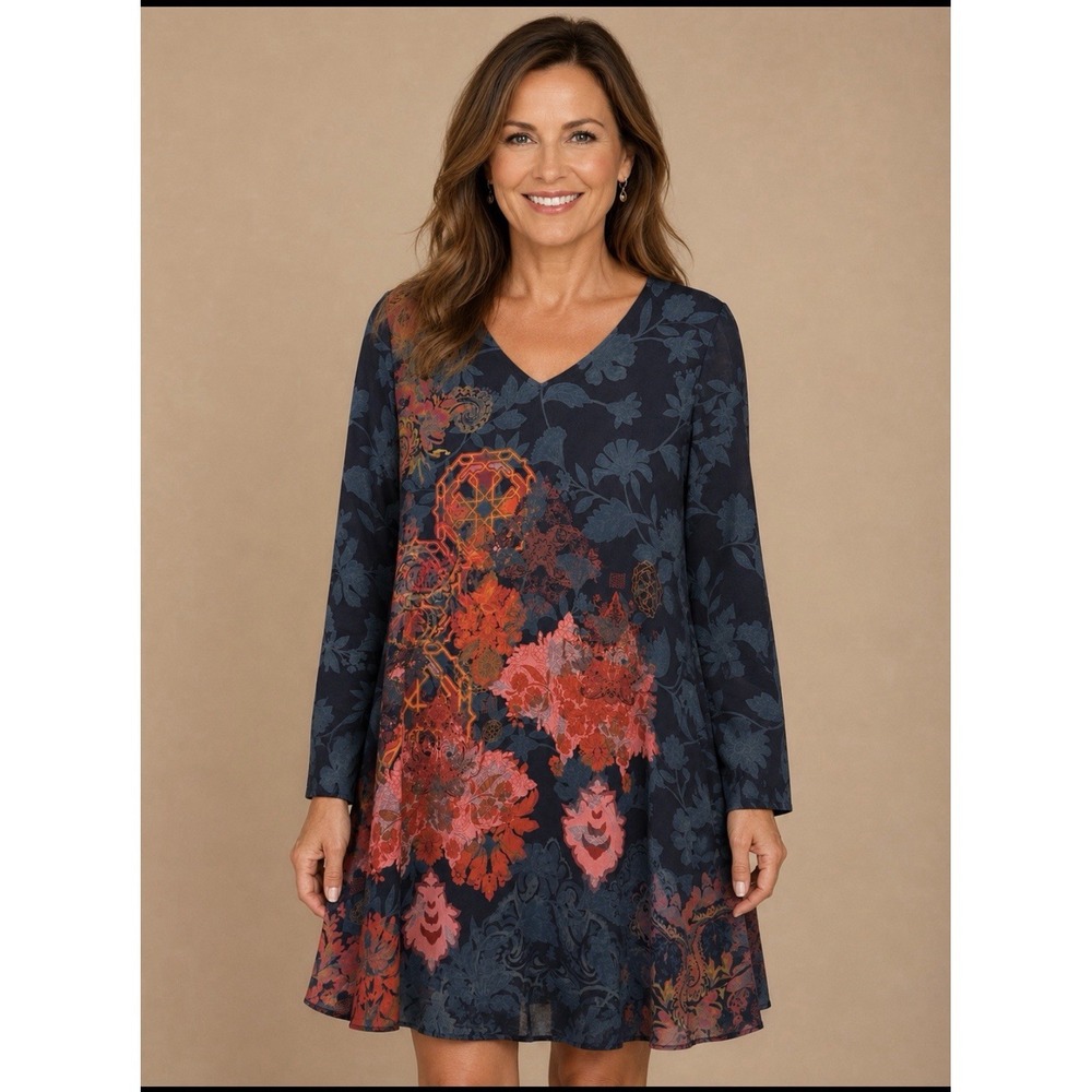 Soft‎ Surroundings Dress Lined Navy Blue Coral Floral Shift Chiffon Boho M